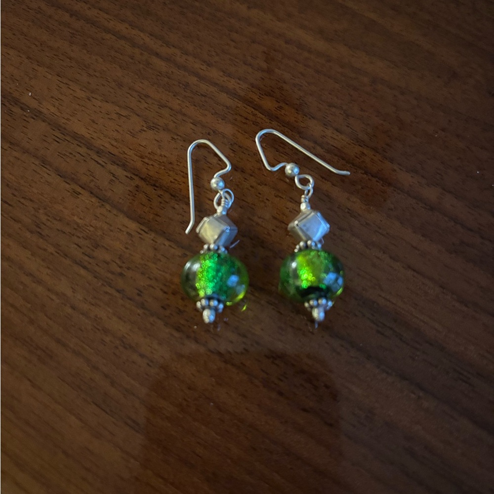 Bright green & silver drop earings in classic wired drop